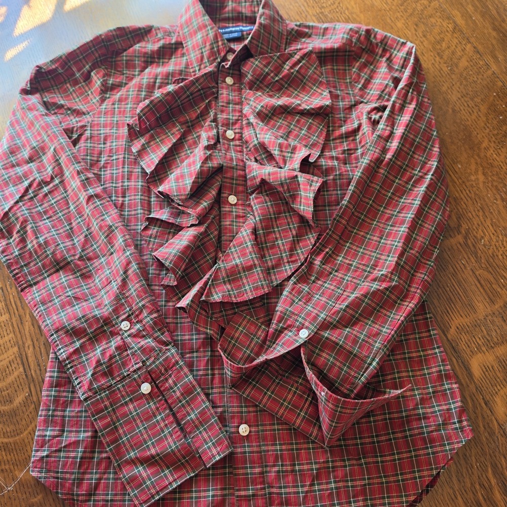 Ralph Lauren Womens Shirt Vintage Red Plaid with Long Cuffs Ruffle Front Size 6